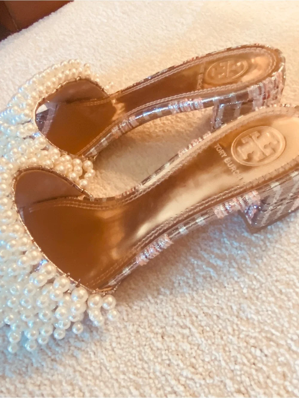 Tory Burch Embellished metallic plaid slide heels